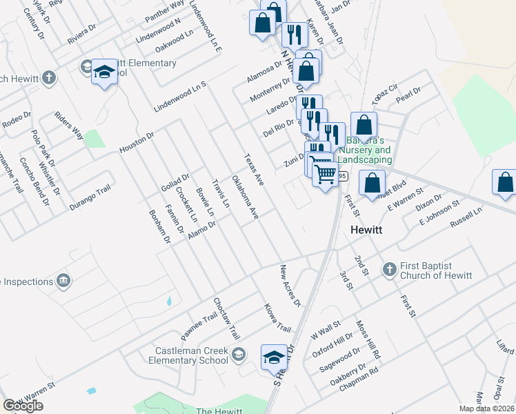 map of restaurants, bars, coffee shops, grocery stores, and more near 212 Oklahoma Avenue in Hewitt