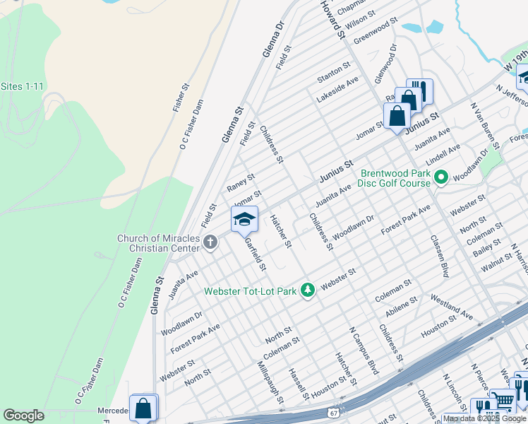 map of restaurants, bars, coffee shops, grocery stores, and more near 2716 Junius Street in San Angelo