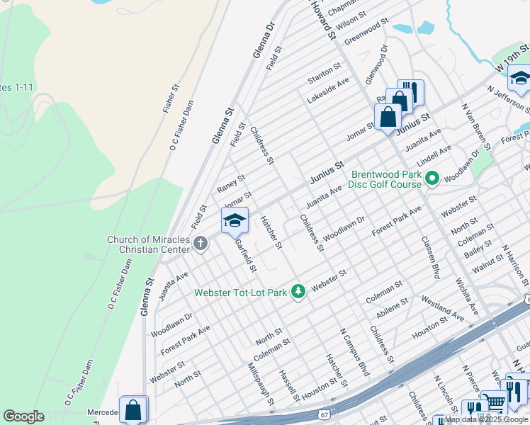 map of restaurants, bars, coffee shops, grocery stores, and more near 2645 Junius Street in San Angelo