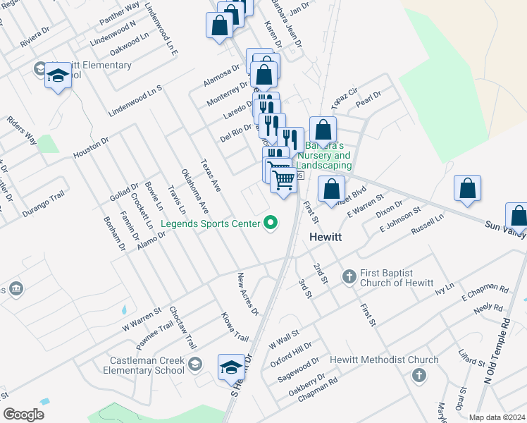 map of restaurants, bars, coffee shops, grocery stores, and more near 305 Romana Circle in Hewitt