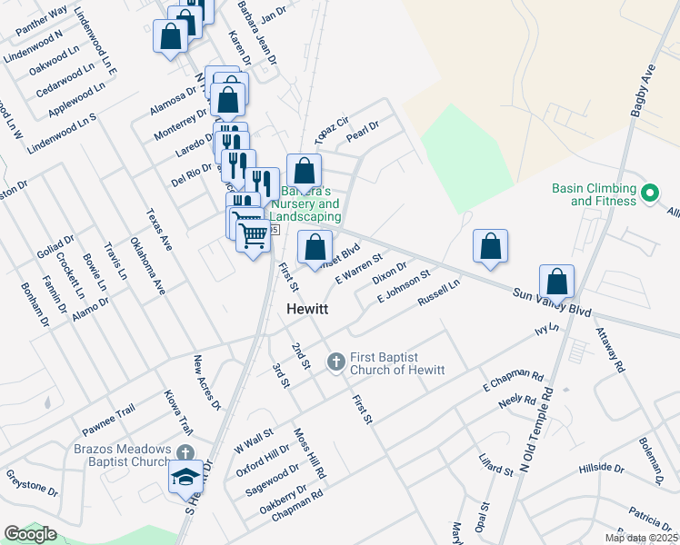 map of restaurants, bars, coffee shops, grocery stores, and more near 224 East Warren Street in Hewitt