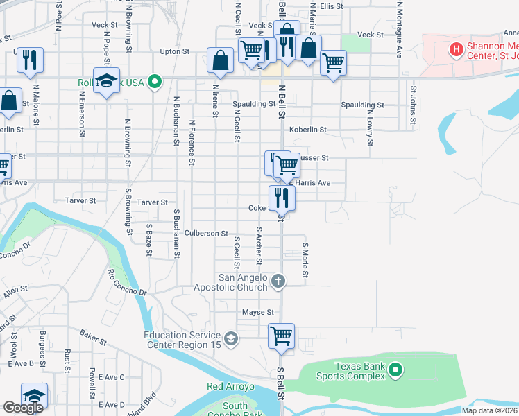 map of restaurants, bars, coffee shops, grocery stores, and more near 1500 Coke Street in San Angelo
