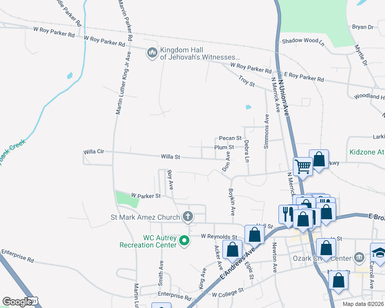 map of restaurants, bars, coffee shops, grocery stores, and more near 493 Willa Street in Ozark
