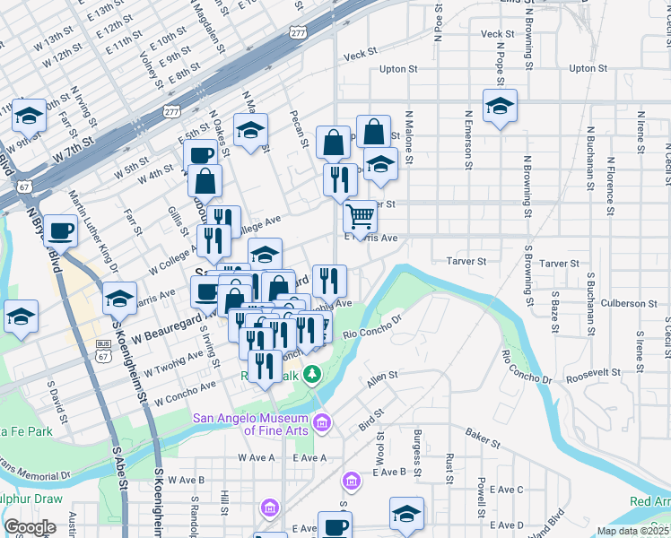 map of restaurants, bars, coffee shops, grocery stores, and more near 214 East Beauregard Avenue in San Angelo