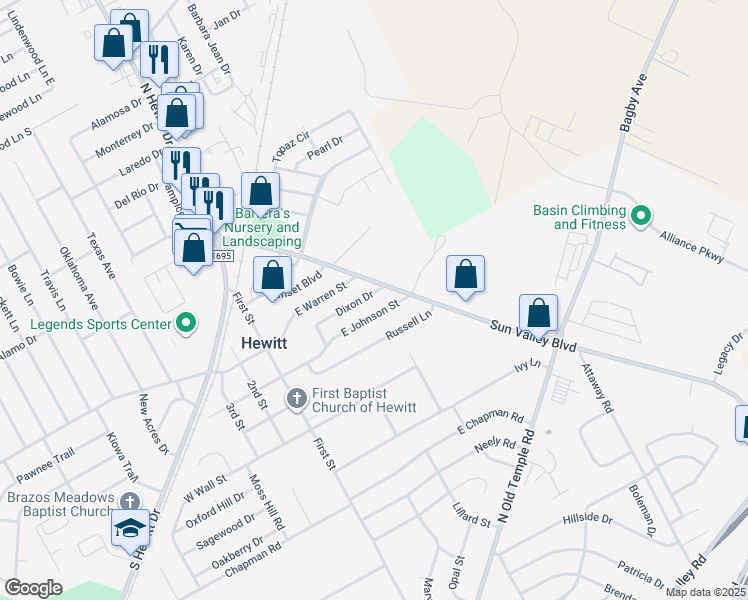 map of restaurants, bars, coffee shops, grocery stores, and more near 417 Dixon Drive in Hewitt