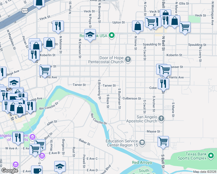 map of restaurants, bars, coffee shops, grocery stores, and more near 917 Tarver Street in San Angelo