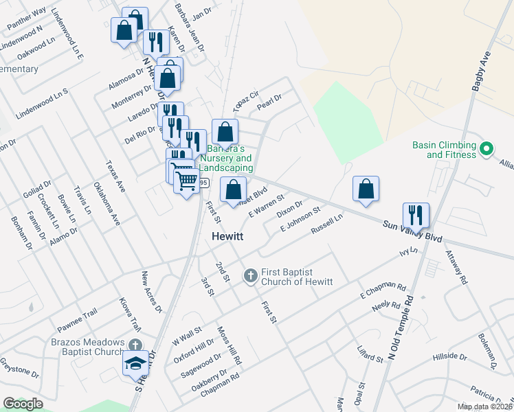 map of restaurants, bars, coffee shops, grocery stores, and more near 232 E Warren St in Hewitt