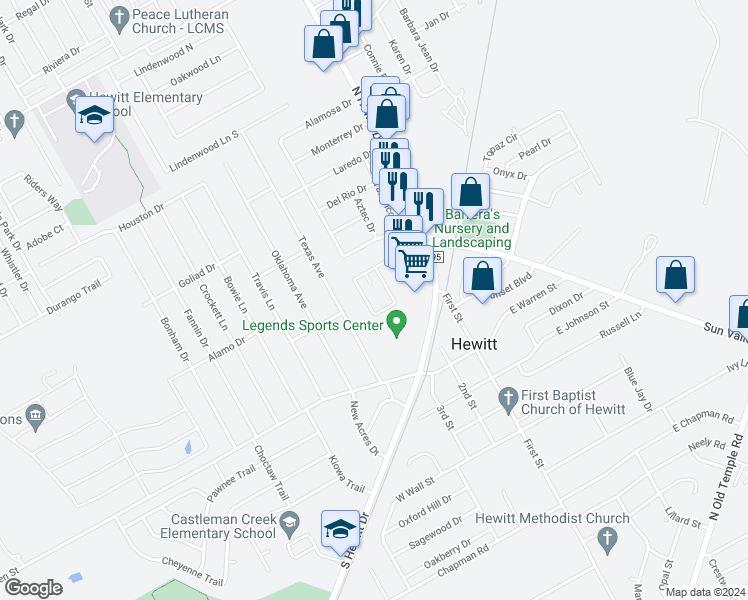 map of restaurants, bars, coffee shops, grocery stores, and more near 305 Romana Circle in Hewitt