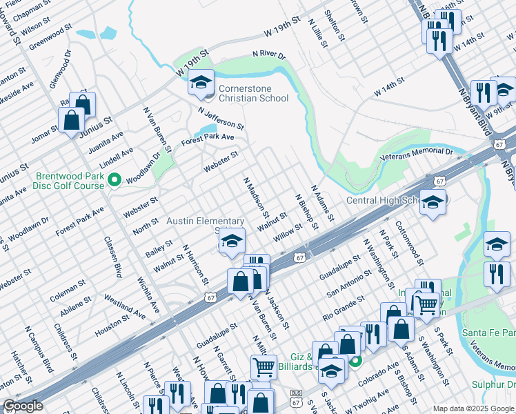 map of restaurants, bars, coffee shops, grocery stores, and more near 1516 Martin Street in San Angelo