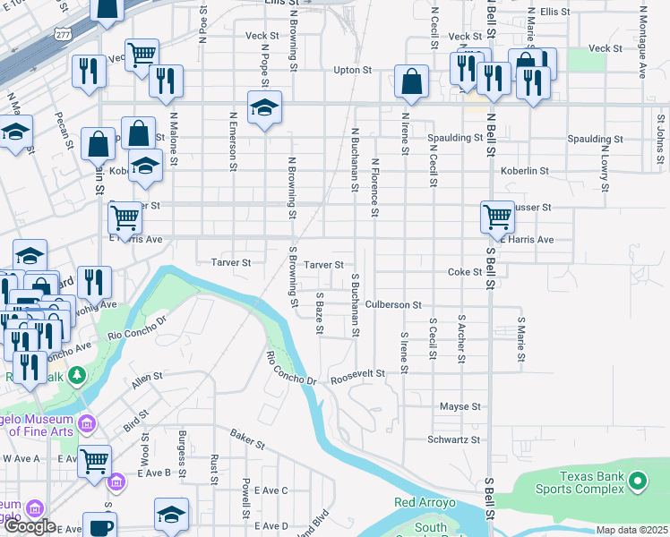 map of restaurants, bars, coffee shops, grocery stores, and more near 1009 Tarver Street in San Angelo