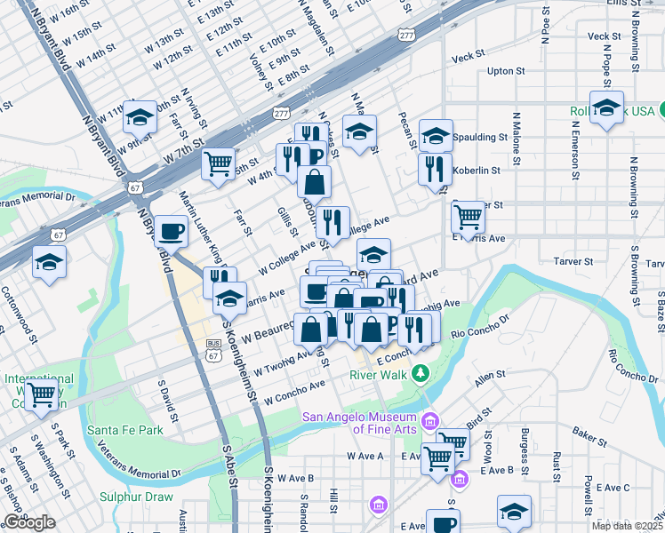 map of restaurants, bars, coffee shops, grocery stores, and more near 11 North Chadbourne Street in San Angelo