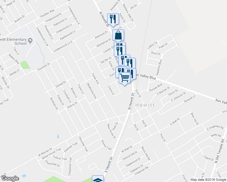 map of restaurants, bars, coffee shops, grocery stores, and more near 307 Romana Circle in Hewitt