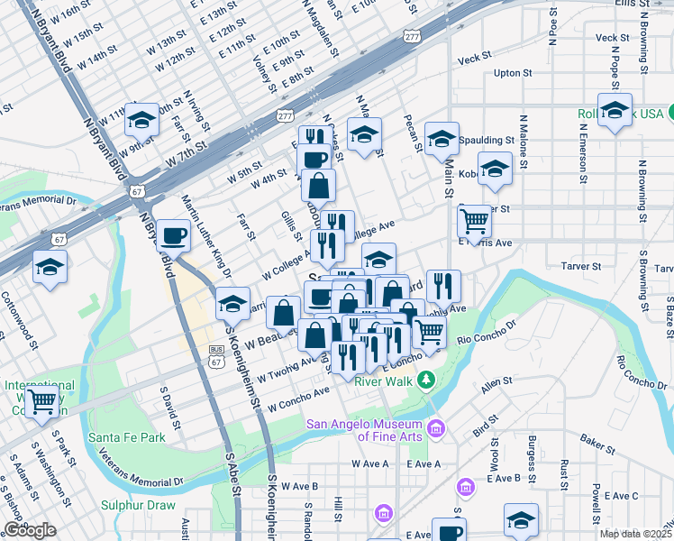 map of restaurants, bars, coffee shops, grocery stores, and more near 11 North Chadbourne Street in San Angelo