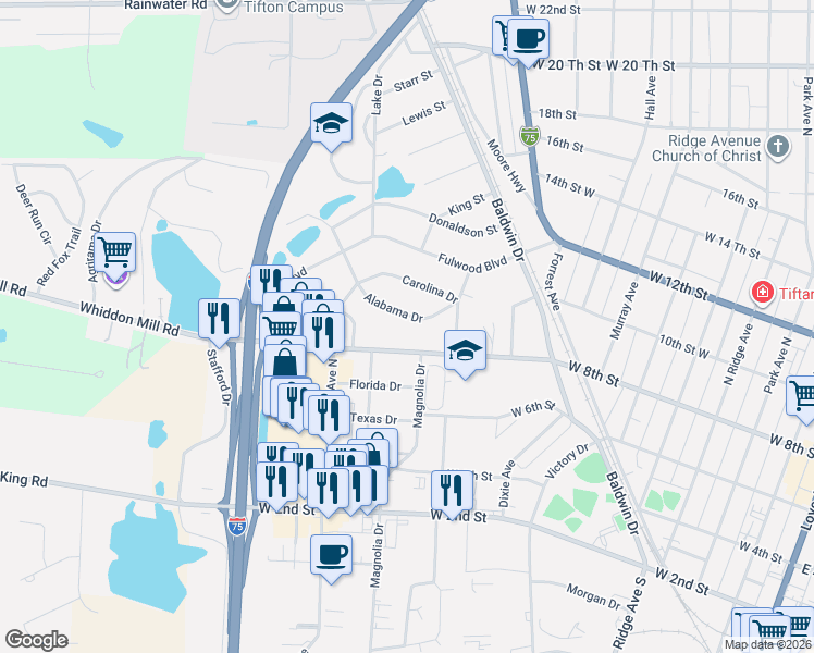 map of restaurants, bars, coffee shops, grocery stores, and more near 214 Alabama Drive in Tifton