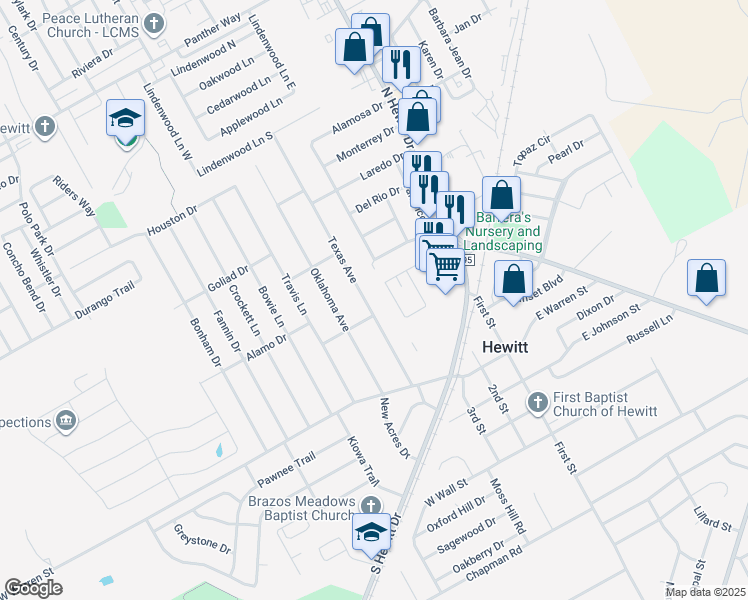 map of restaurants, bars, coffee shops, grocery stores, and more near 204 Texas Ave in Hewitt