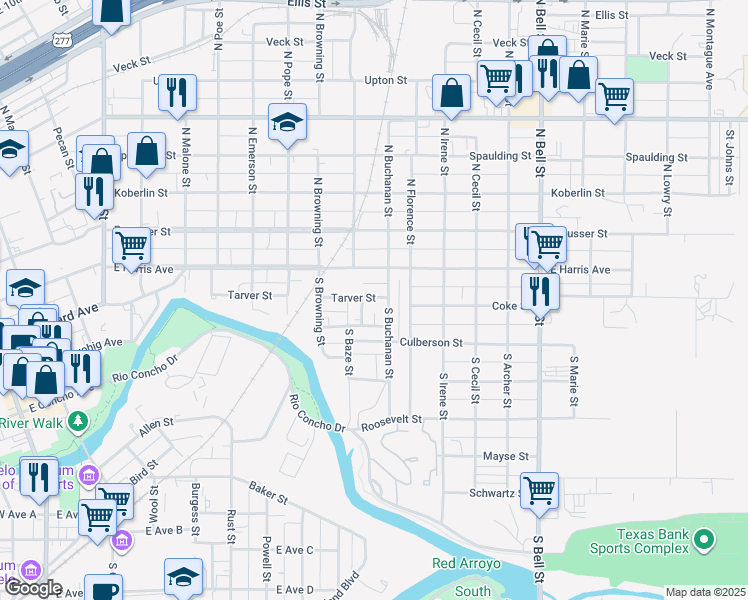 map of restaurants, bars, coffee shops, grocery stores, and more near 1009 Tarver Street in San Angelo