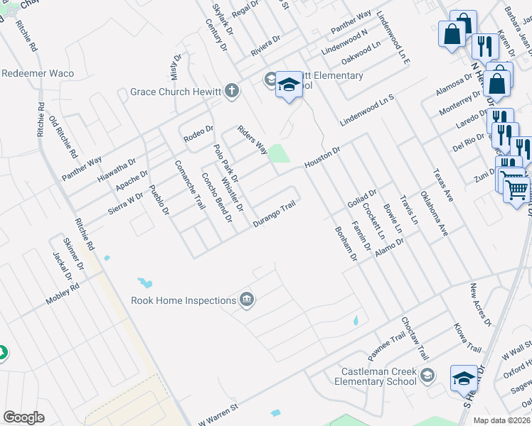 map of restaurants, bars, coffee shops, grocery stores, and more near 10112 Whistler Drive in Waco