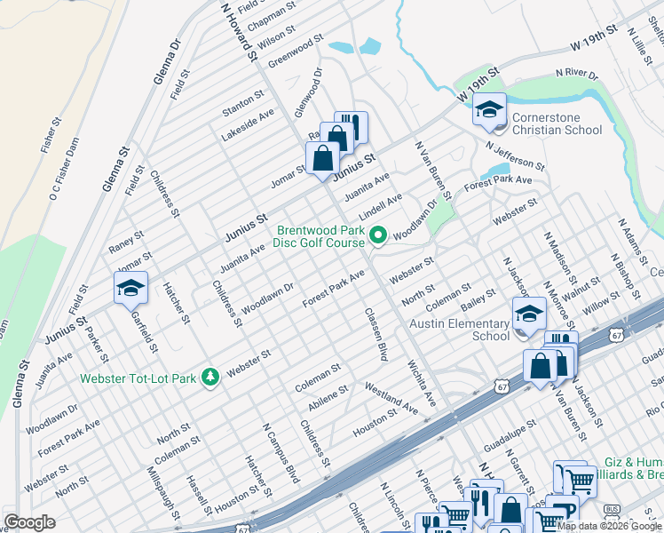 map of restaurants, bars, coffee shops, grocery stores, and more near 2209 Woodlawn Drive in San Angelo