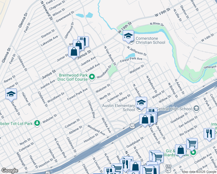 map of restaurants, bars, coffee shops, grocery stores, and more near 1905 Webster St in San Angelo