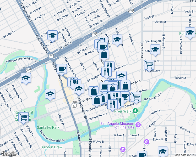 map of restaurants, bars, coffee shops, grocery stores, and more near 32 North Irving Street in San Angelo