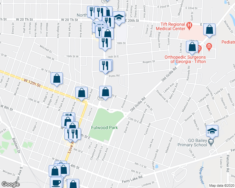 map of restaurants, bars, coffee shops, grocery stores, and more near 401 14th Street East in Tifton