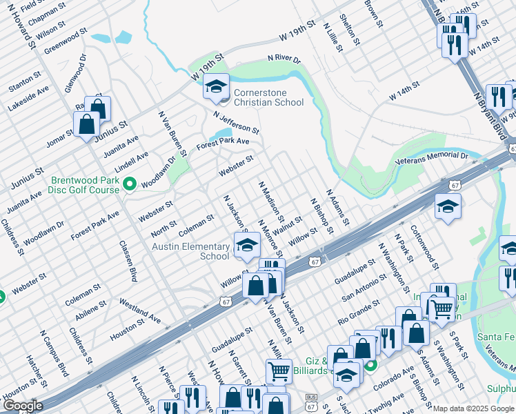 map of restaurants, bars, coffee shops, grocery stores, and more near 1516 Martin Street in San Angelo