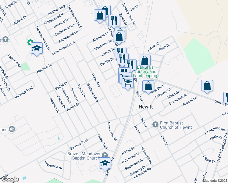 map of restaurants, bars, coffee shops, grocery stores, and more near 305 Romana Circle in Hewitt