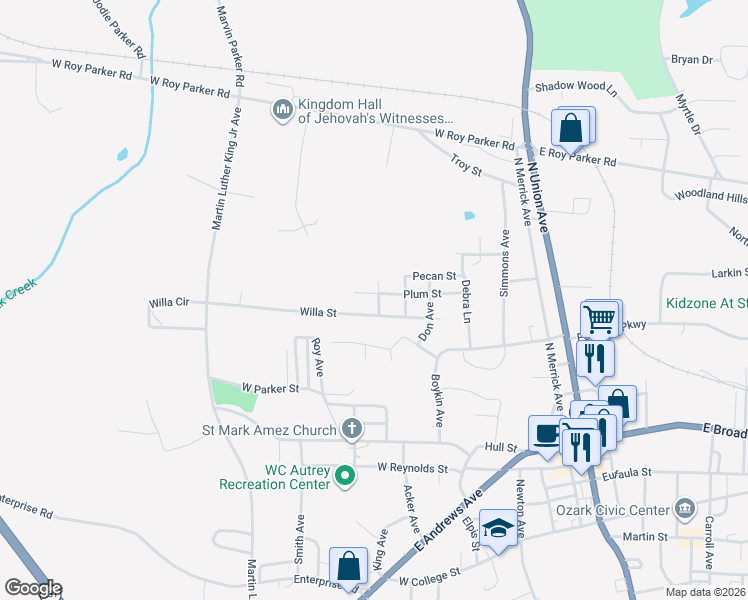 map of restaurants, bars, coffee shops, grocery stores, and more near 493 Willa Street in Ozark