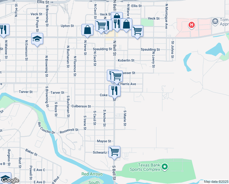 map of restaurants, bars, coffee shops, grocery stores, and more near 1601 Coke Street in San Angelo