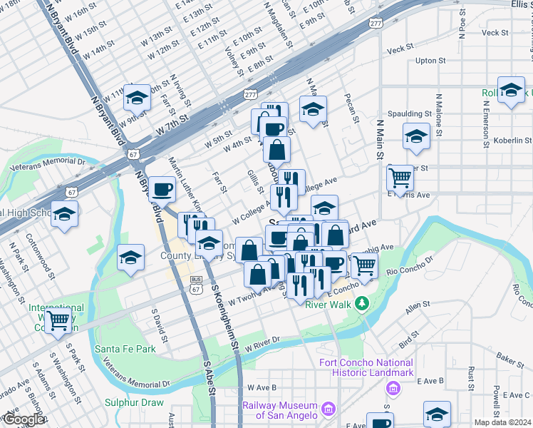 map of restaurants, bars, coffee shops, grocery stores, and more near 32 North Irving Street in San Angelo
