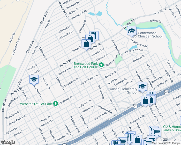 map of restaurants, bars, coffee shops, grocery stores, and more near 2201 Woodlawn Drive in San Angelo