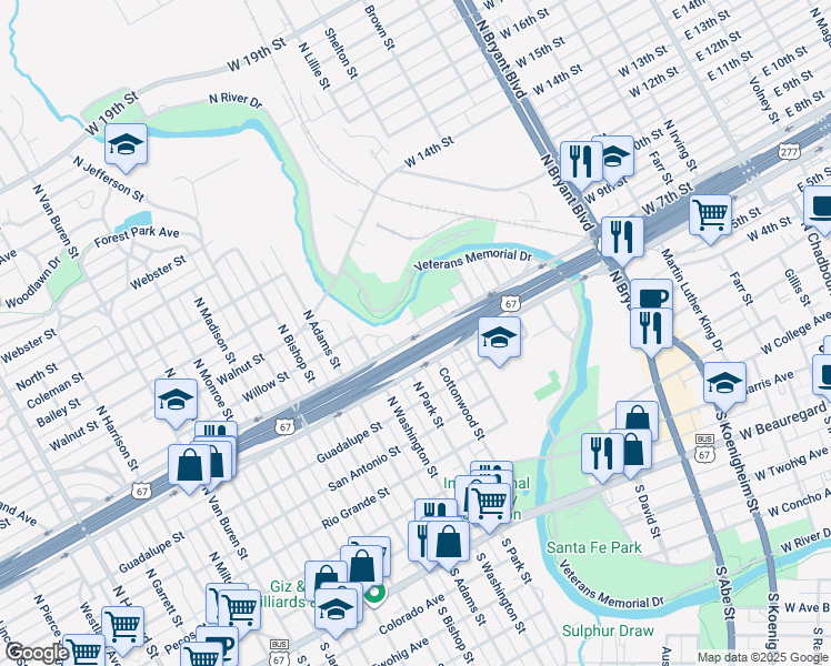 map of restaurants, bars, coffee shops, grocery stores, and more near 920 Shiloh Street in San Angelo