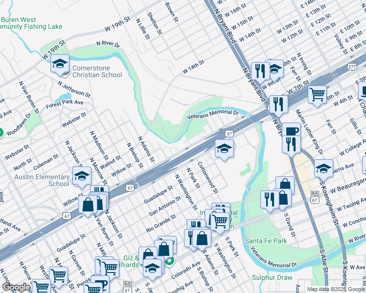 map of restaurants, bars, coffee shops, grocery stores, and more near 920 Shiloh Street in San Angelo