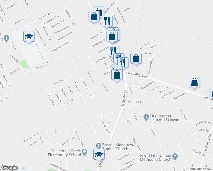 map of restaurants, bars, coffee shops, grocery stores, and more near 313 Romana Circle in Hewitt