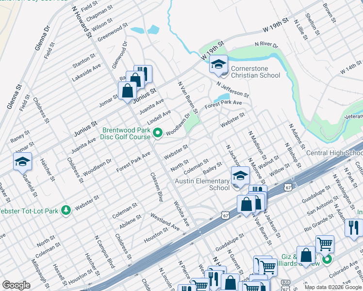 map of restaurants, bars, coffee shops, grocery stores, and more near 1905 Webster Street in San Angelo