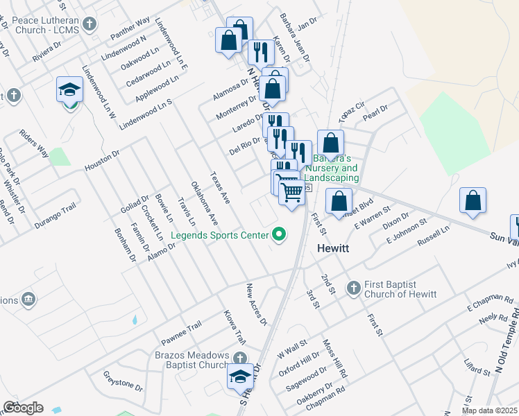map of restaurants, bars, coffee shops, grocery stores, and more near 305 Romana Circle in Hewitt