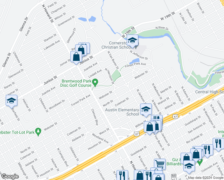 map of restaurants, bars, coffee shops, grocery stores, and more near 1902 Webster Street in San Angelo