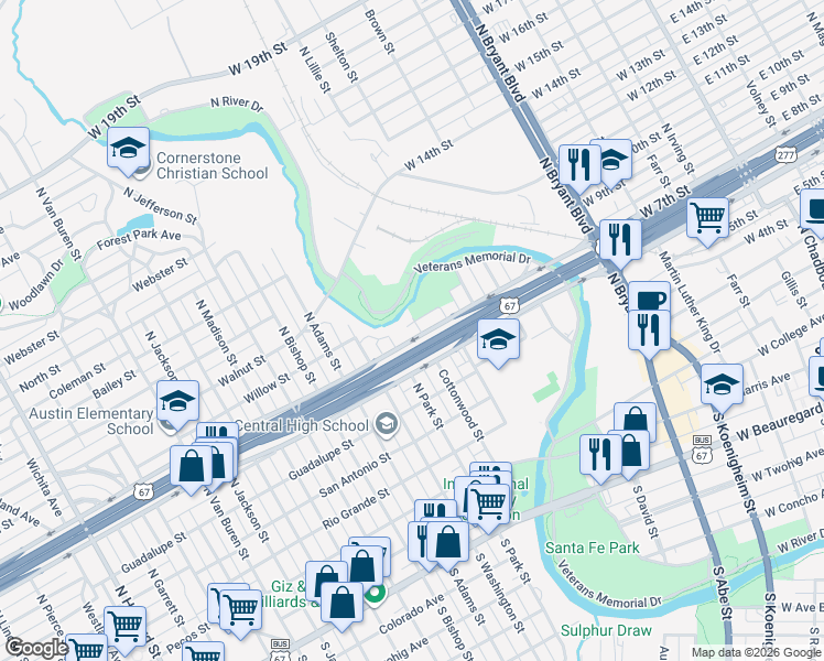 map of restaurants, bars, coffee shops, grocery stores, and more near 902 Shiloh Street in San Angelo