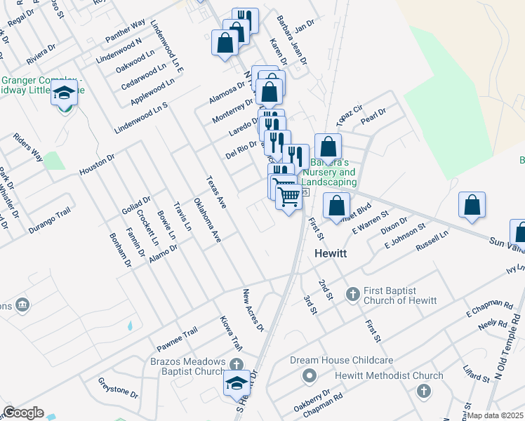 map of restaurants, bars, coffee shops, grocery stores, and more near 305 Romana Circle in Hewitt