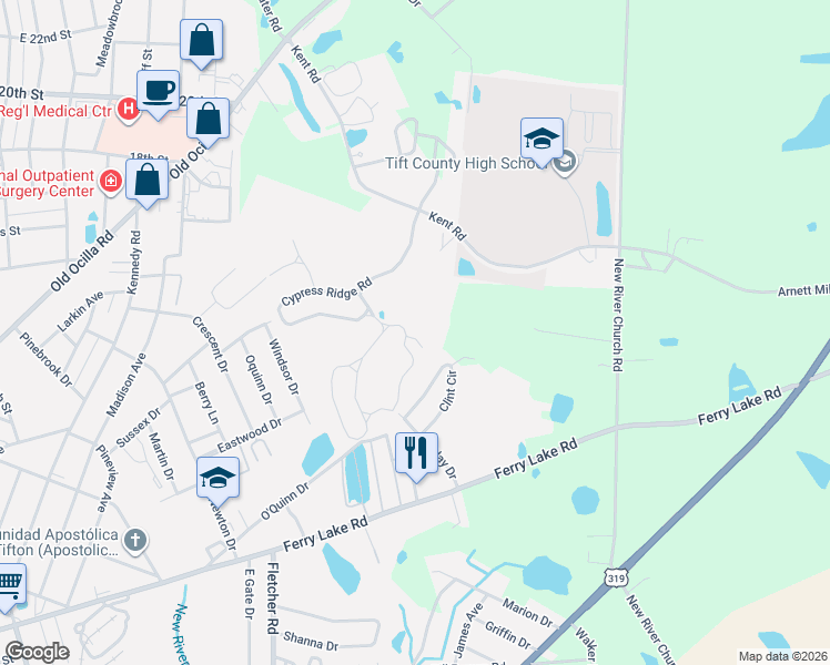map of restaurants, bars, coffee shops, grocery stores, and more near 618 Glade Fern Way in Tifton