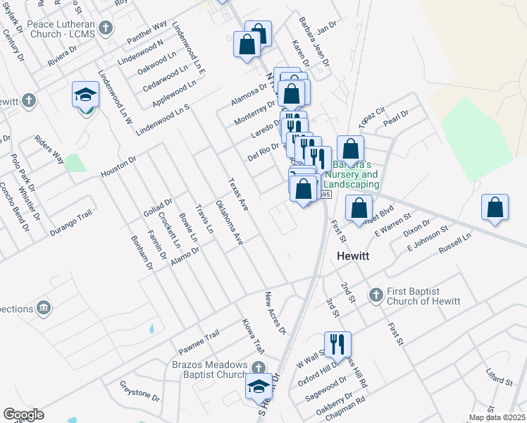 map of restaurants, bars, coffee shops, grocery stores, and more near 204 Texas Avenue in Hewitt
