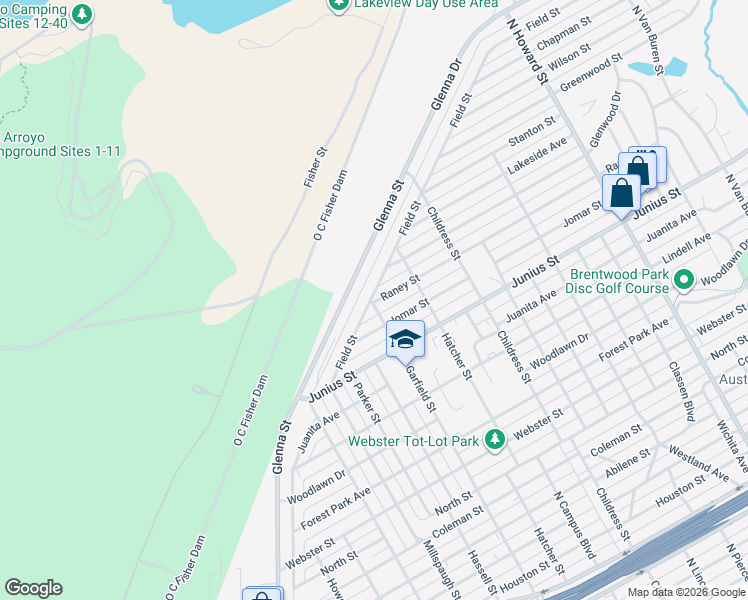 map of restaurants, bars, coffee shops, grocery stores, and more near 2799 Field Street in San Angelo