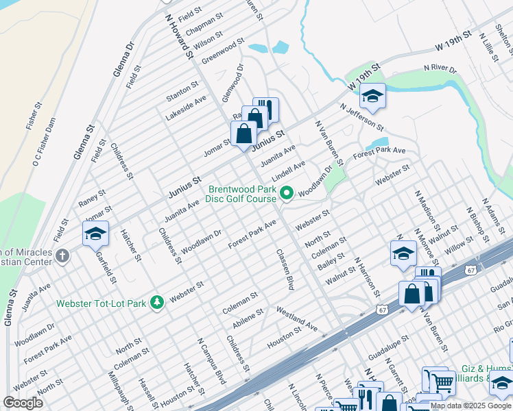 map of restaurants, bars, coffee shops, grocery stores, and more near 2100-2198 Lindell Ave in San Angelo