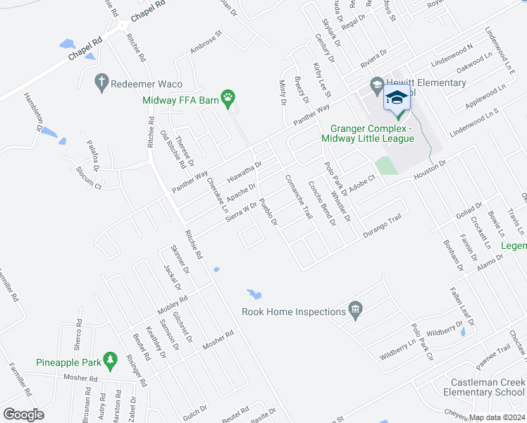 map of restaurants, bars, coffee shops, grocery stores, and more near 2713 Pueblo Drive in Waco