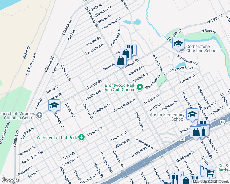 map of restaurants, bars, coffee shops, grocery stores, and more near 1500 Belmont Street in San Angelo