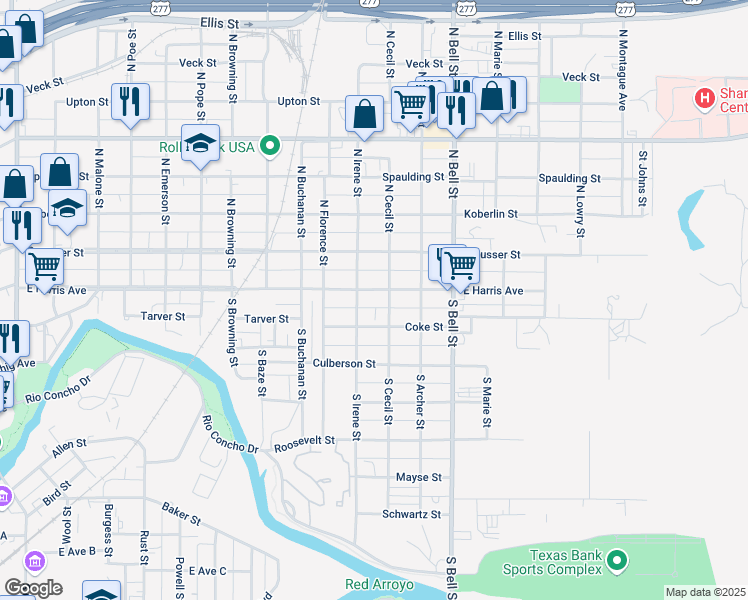 map of restaurants, bars, coffee shops, grocery stores, and more near 2-98 North Cecil Street in San Angelo