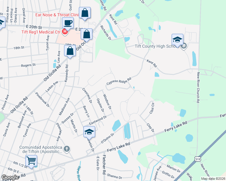 map of restaurants, bars, coffee shops, grocery stores, and more near 125 Cypress Ridge Road in Tifton
