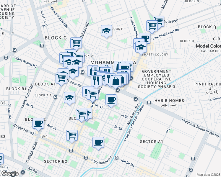map of restaurants, bars, coffee shops, grocery stores, and more near Maulana Shaukat Ali Road in Lahore