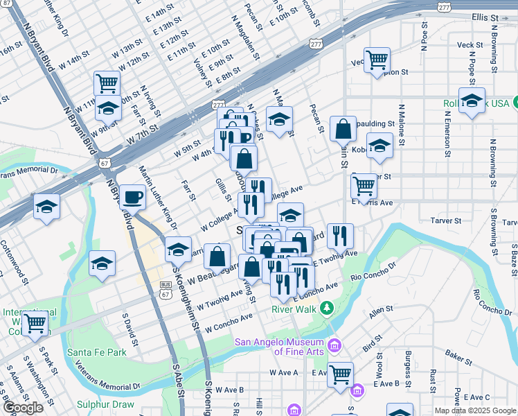 map of restaurants, bars, coffee shops, grocery stores, and more near 2-98 East College Avenue in San Angelo