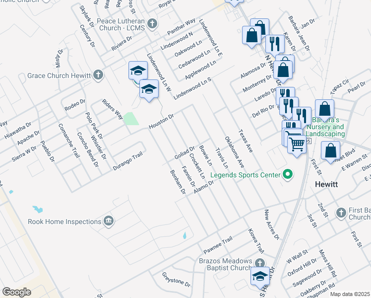 map of restaurants, bars, coffee shops, grocery stores, and more near 301 Crockett Lane in Hewitt